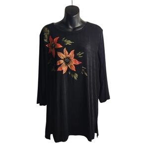 Marshall Rousso Women's Black Floral 3/4 Sleeve Stretch Top Tunic Size Large